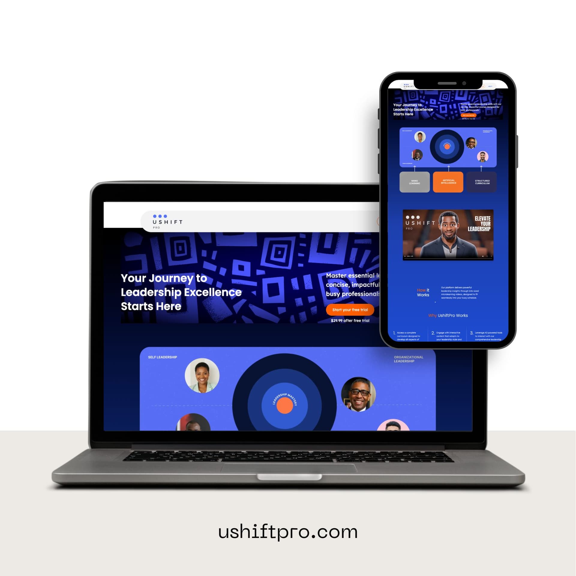 Ushift Pro case study preview showing desktop and mobile interfaces